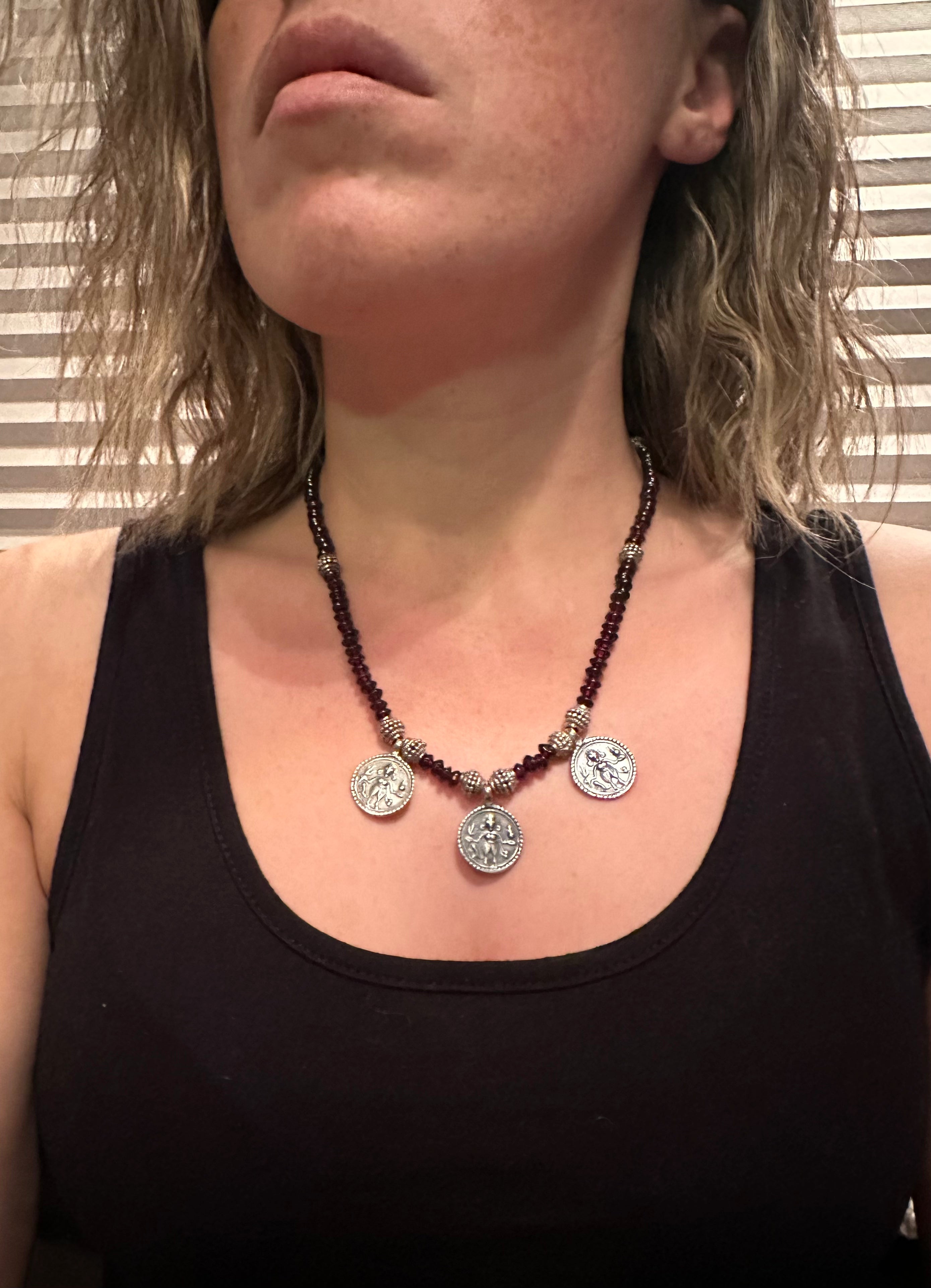Vintage sterling garnet tribal necklace, 18"